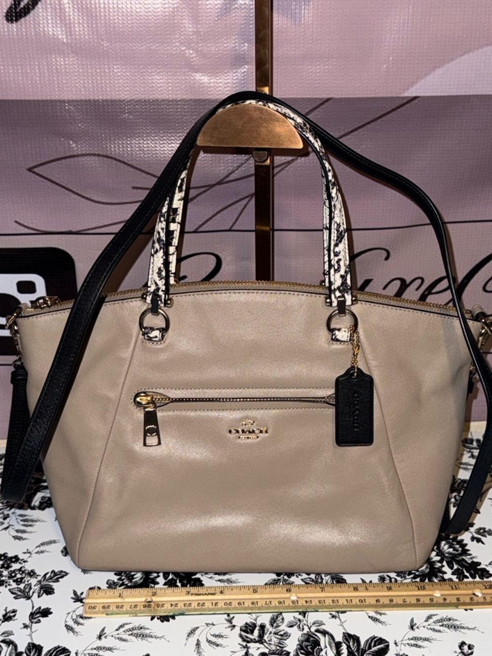 Coach Beige Leather Satchel with Black Trim and Snakeskin Handles
